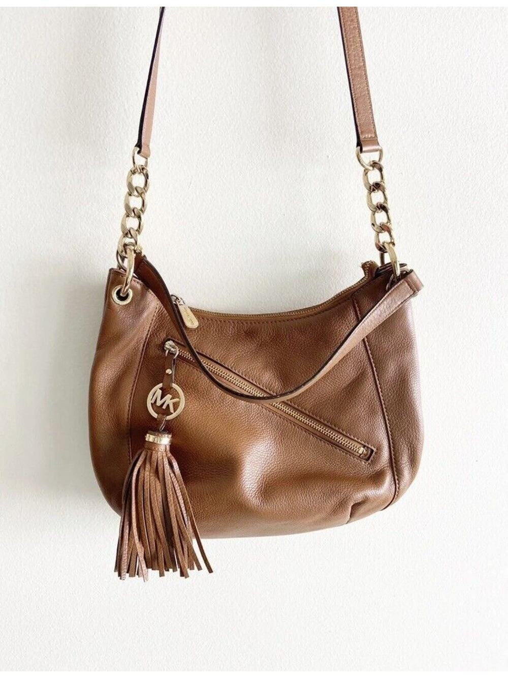 Michael Kors One Shoulder Crossbody Bag Tassel Chestnut Brown Gold Hardware